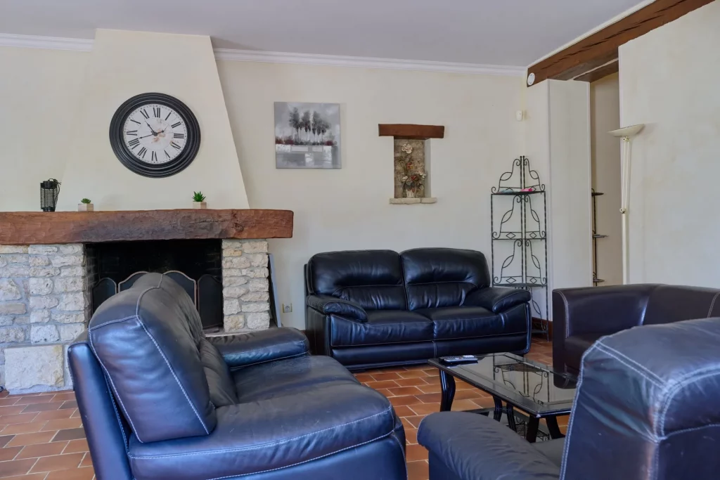 Ensemble sur le salon avec cheminée en pierre