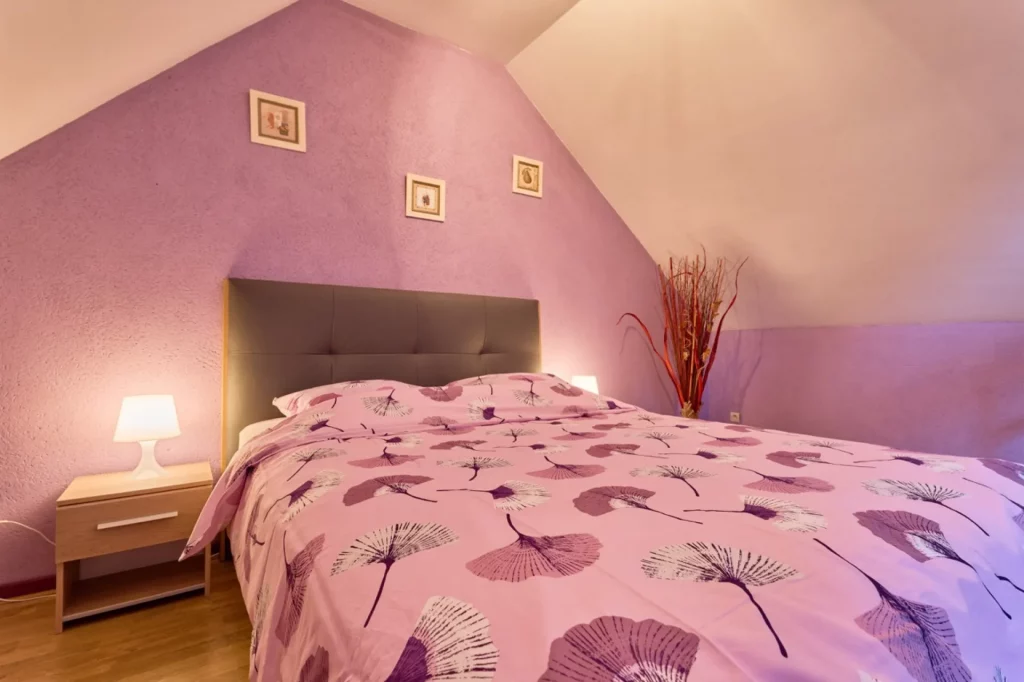 Sur le lit double de la chambre violette